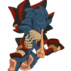 Size: 2024x2048 | Tagged: safe, artist:luffydguzzler, shadow the hedgehog, sonic the hedgehog, hedgehog, 2024, barefoot, duo, gay, gloves, gloves off, holding them, hugging, kneeling, male, pawpads, paws, shadow x sonic, shipping, simple background, white background