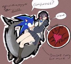 Size: 2281x2059 | Tagged: safe, artist:superguy551, sonic the hedgehog, 2025, arrow, blushing, brown background, carrying them, crossover, crossover shipping, duo, ellen joe, english text, humanoid, looking at them, shipping, simple background, smile, speech bubble, straight, zenless zone zero