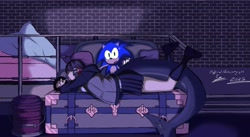 Size: 3791x2081 | Tagged: safe, artist:superguy551, sonic the hedgehog, 2025, candy, couch, crossover, eating, ellen joe, female, food, holding something, humanoid, lollipop, male, mouth open, sitting, zenless zone zero
