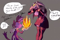 Size: 3164x2100 | Tagged: safe, artist:superguy551, blaze the cat, human, 2025, breasts, character request, duo, english text, female, fire, hands on own face, looking at them, mouth open, one eye closed, pyrokinesis, simple background, smile, speech bubble, standing
