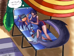 Size: 2784x2100 | Tagged: safe, artist:superguy551, sonic the hedgehog, 2025, beach, candy, crossover, crossover shipping, duo, ellen joe, english text, female, food, holding something, humanoid, lollipop, looking at them, lying down, male, phone, shipping, smile, straight, sunglasses, swimsuit, zenless zone zero