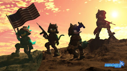 Size: 1280x718 | Tagged: safe, artist:saiyangoku4, gadget the wolf, oc, bird, cat, wolf, 2022, 3d, acr, afternoon, american flag, artist name, assault rifle, boots, camouflage, clothes, cloud, colt, corvin the bird, country flag, english text, fully clothed, gloves, goggles, gun, helmet, hill, holding something, looking offscreen, m4 carbine, male, military uniform, muscular, muscular male, outdoors, pants, pose, quartet, remington, shirt, source filmmaker, standing, submachine gun, sun, sunlight, uniform, unknown oc, uzi, weapon
