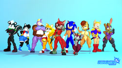 Size: 1280x719 | Tagged: safe, artist:saiyangoku4, antoine d'coolette, bunnie rabbot, chip, gadget the wolf, geoffrey st. john, hershey the cat, miles "tails" prower, rotor walrus, sally acorn, sonic the hedgehog, cat, chipmunk, coyote, fox, hedgehog, rabbit, skunk, walrus, 2022, 3d, alternate outfit, arms folded, artist name, blue background, cap, cybernetic, cyborg, english text, female, flexing, glasses, group, gun, hand on hip, hat, holding something, jacket, looking at viewer, looking offscreen, male, muscular, muscular female, muscular male, pistol, pointing, pointing at viewer, pose, sally's vest and boots, simple background, source filmmaker, standing, weapon