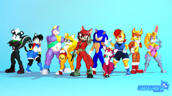 Size: 1280x719 | Tagged: safe, artist:saiyangoku4, antoine d'coolette, bunnie rabbot, chip, gadget the wolf, geoffrey st. john, hershey the cat, miles "tails" prower, rotor walrus, sally acorn, sonic the hedgehog, cat, chipmunk, coyote, fox, hedgehog, rabbit, skunk, walrus, 2022, 3d, alternate outfit, arms folded, artist name, blue background, cap, cybernetic, cyborg, english text, female, flexing, glasses, group, gun, hand on hip, hat, holding something, looking at viewer, looking offscreen, male, muscular, muscular female, muscular male, pistol, pointing, pointing at viewer, pose, sally's ringblader outfit, scarf, simple background, source filmmaker, standing, vest, weapon