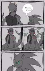 Size: 1288x2048 | Tagged: safe, artist:superguy551, sonic the hedgehog, 2025, blushing, comic, crossover, crossover shipping, duo, ellen joe, female, greyscale, grin, humanoid, looking at each other, looking at them, male, monochrome, shipping, smile, speech bubble, standing, straight, wagging tail, zenless zone zero
