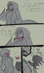 Size: 1245x2048 | Tagged: safe, artist:superguy551, sonic the hedgehog, 2025, blushing, comic, crossover, crossover shipping, duo, ellen joe, english text, grin, hood, hood up, humanoid, looking at them, monochrome, shipping, simple background, smile, speech bubble, standing, straight, zenless zone zero
