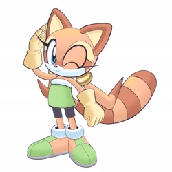 Size: 2045x2048 | Tagged: safe, artist:maria__rabbit, marine the raccoon, raccoon, 2026, clenched fist, clothes, cute, eyelashes, female, gloves, looking at viewer, marineabetes, salute, shoes, shorts, smile, solo, standing, wink