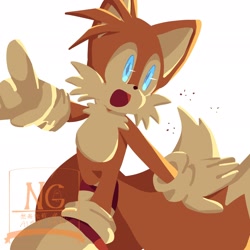 Size: 2048x2048 | Tagged: safe, artist:hita_2077, miles "tails" prower, fox, 2026, lineless, looking offscreen, male, mouth open, no outlines, open smile, pointing, simple background, smile, solo, standing, walking, watermark, white background