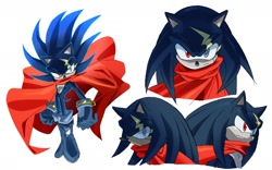 Size: 2048x1279 | Tagged: safe, artist:tokiwa757, hedgehog, 2026, boots, cape, clenched fists, frown, gloves, heterochromia, looking at viewer, looking offscreen, scar, simple background, socks, solo, terios the hedgehog, white background