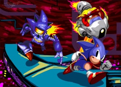 Size: 2048x1476 | Tagged: safe, artist:thespeedguy1991, mecha sonic, robotnik, sonic the hedgehog, hedgehog, human, sonic cd, 2026, abstract background, alternate universe, classic robotnik, classic sonic, classic sonic (universe), clenched fists, clouds, eggmobile, fire, flame, frown, gloves, lineless, loop, male, outdoors, red sky, robot, running, shoes, smile, socks, stardust speedway, treads, trio