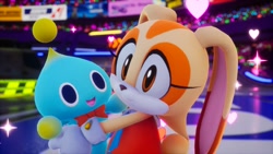 Size: 1920x1080 | Tagged: safe, artist:tailbiscuits, cheese (chao), cream the rabbit, chao, rabbit, 2025, 3d, agender, bow, bowtie, clothes, dress, duo, eyelashes, female, gloves, hugging, mod, mouth open, neutral chao, open smile, redesign, screencap, smile, sonic racing crossworlds, sparkles, standing
