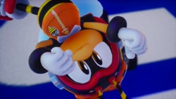 Size: 1920x1080 | Tagged: safe, artist:tailbiscuits, charmy bee, bee, 2026, 3d, bottomless, clenched fists, clothes, eyewear on head, from above, gloves, goggles, goggles on head, hat, helmet, jacket, looking at viewer, looking up, looking up at viewer, male, mod, redesign, screencap, shoes, smile, solo, sonic racing crossworlds, upside down, zip