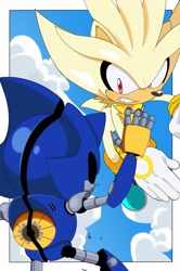 Size: 1356x2047 | Tagged: safe, artist:hushyrus, metal sonic, silver the hedgehog, hedgehog, 2026, black sclera, border, chest fluff, clenched teeth, clouds, daytime, duo, fight, flying, frown, gloves, looking at each other, male, mid-air, neck fluff, outdoors, robot, super form, super silver