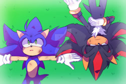 Size: 1280x854 | Tagged: safe, artist:oertemy, shadow the hedgehog, sonic the hedgehog, hedgehog, 2023, chest fluff, daytime, deviantart watermark, duo, frown, gloves, grass, lidded eyes, looking at them, looking up, lying down, male, obtrusive watermark, outdoors, scuff mark, watermark