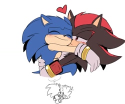 Size: 1086x903 | Tagged: safe, artist:sonicnewunivers, shadow the hedgehog, sonic the hedgehog, hedgehog, 2026, blushing, chest fluff, cute, duo, flat colors, frown, heart, hugging, male, question mark, shadow x sonic, shipping, simple background, smile, sonabetes, thought bubble, white background