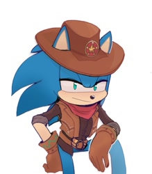 Size: 973x1112 | Tagged: safe, artist:sonicnewunivers, sonic the hedgehog, hedgehog, 2025, bandana, belt, bottomless, brown gloves, clothes, cowboy hat, cowboy outfit, gilet, gloves, hat, lidded eyes, male, shirt, solo, standing