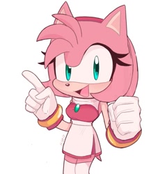 Size: 893x932 | Tagged: safe, artist:sonicnewunivers, amy rose, hedgehog, 2025, amybetes, clenched fist, clothes, cute, dress, eyelashes, female, gloves, looking at viewer, mouth open, open smile, pointing, smile, socks, solo, standing, stockings