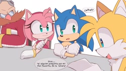 Size: 1764x995 | Tagged: safe, artist:sonicnewunivers, amy rose, miles "tails" prower, robotnik, sonic the hedgehog, fox, hedgehog, human, 2025, amybetes, arms folded, cute, dialogue, female, frown, group, hand on arm, holding something, looking at something, looking at them, male, mouth open, open smile, paper, simple background, sitting, smile, sonabetes, spanish text, speech bubble, table, tailabetes, talking, text, white background