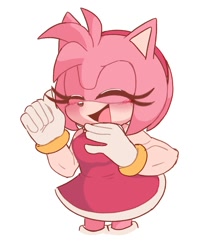 Size: 890x1000 | Tagged: safe, artist:sonicnewunivers, amy rose, hedgehog, 2025, amybetes, blushing, cute, dress, eyelashes, eyes closed, female, gloves, laughing, mouth open, open smile, simple background, smile, socks, solo, white background