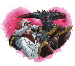 Size: 640x561 | Tagged: safe, artist:viciousbutprecious, black doom, gerald robotnik, human, alien, black doom x gerald, duo, gay, heart, holding each other, holding hands, looking at each other, male, red sclera, shipping, simple background, smile, transparent background, youtube link in description
