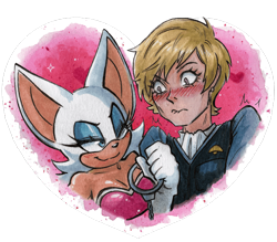 Size: 640x561 | Tagged: safe, artist:viciousbutprecious, agent topaz, rouge the bat, bat, human, sonic x, blushing, duo, ear piercing, eyelashes, handcuffs, heart, holding something, lesbian, lip bite, looking at each other, rouge x topaz, shipping, simple background, smile, transparent background, wink