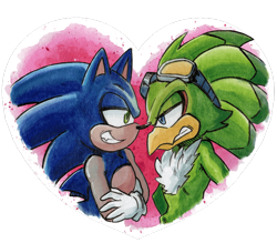 Size: 640x561 | Tagged: safe, artist:viciousbutprecious, jet the hawk, sonic the hedgehog, bird, hedgehog, arms folded, chest fluff, duo, eyewear on head, frown, gay, goggles, goggles on head, heart, jet x sonic, lidded eyes, looking at each other, male, shipping, simple background, smile, transparent background, youtube link in description