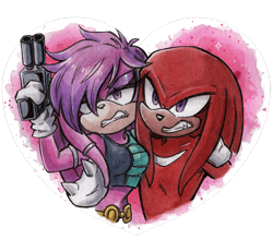Size: 640x561 | Tagged: safe, artist:viciousbutprecious, julie-su, knuckles the echidna, echidna, arm around shoulders, belt, blaster, clothes, crop top, duo, female, frown, hair over one eye, heart, holding something, holding them, julie-su x knuckles, lidded eyes, looking offscreen, low res, male, midriff, pistol, shipping, simple background, straight, transparent background, weapon, youtube link in description