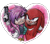 Size: 640x561 | Tagged: safe, artist:viciousbutprecious, julie-su, knuckles the echidna, echidna, arm around shoulders, belt, blaster, clothes, crop top, duo, female, frown, hair over one eye, heart, holding something, holding them, julie-su x knuckles, lidded eyes, looking offscreen, low res, male, midriff, pistol, shipping, simple background, straight, transparent background, weapon, youtube link in description