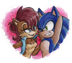 Size: 640x561 | Tagged: safe, artist:viciousbutprecious, sally acorn, sonic the hedgehog, chipmunk, hedgehog, duo, eyelashes, female, gilet, hand on cheek, hand on face, hands behind head, heart, looking at each other, low res, male, sally x sonic, sally's vest and boots, simple background, smile, smiling at each other, straight, transparent background, youtube link in description