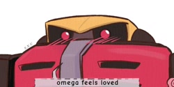 Size: 716x358 | Tagged: safe, artist:sonicnewunivers, e-123 omega, 2023, blushing, cute, dialogue, english text, flower, male, omegabetes, robot, rose, signature, simple background, solo, speech bubble, talking, text, white background