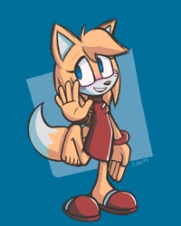 Size: 1635x2048 | Tagged: safe, artist:lilac reindeer, zooey the fox, fox, 2022, barefoot, blushing, clothes, dress, female, signature, slippers, smile, solo, standing, standing on one leg