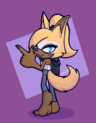 Size: 1696x2173 | Tagged: safe, artist:lilac reindeer, whisper the wolf, wolf, 2023, barefoot, clothes, eyelashes, female, looking at viewer, looking back, looking back at viewer, one fang, pointing, ponytail, signature, smile, solo
