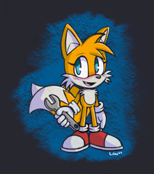 Size: 1805x2041 | Tagged: safe, artist:lilac reindeer, miles "tails" prower, fox, 2022, blushing, eyelashes, holding something, looking at viewer, male, mouth open, one fang, open smile, signature, smile, smiling at viewer, solo, standing, wrench