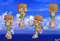 Size: 2325x1585 | Tagged: safe, artist:lilac reindeer, tikal, echidna, 2023, clothes, clouds, cute, daytime, expression sheet, eyelashes, eyes closed, female, frown, hands together, low poly, outdoors, sad, sandals, screenshot background, signature, smile, solo, sonic rush, standing, style emulation, tikalbetes, waving