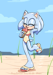 Size: 850x1200 | Tagged: safe, artist:flameeliwood, oc, oc:honeydew the hedgehog, hedgehog, 2023, beach, clothes, cute, daytime, eyelashes, eyes closed, female, food, grass, holding something, ice cream, licking, oc only, ocbetes, outdoors, sand, sandals, seashell, smile, solo, standing, standing on one leg, swimsuit, tongue out