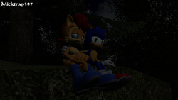 Size: 1920x1080 | Tagged: safe, artist:micktrap397, sally acorn, sonic the hedgehog, chipmunk, hedgehog, 2026, 3d, artist name, dark, duo, english text, female, garry's mod, gmod, hand on another's back, looking at them, male, nature, nighttime, outdoors, plant, rock, sally x sonic, sally's vest and boots, shipping, sitting, smile, smiling at them, straight, tree