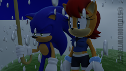 Size: 1920x1080 | Tagged: safe, artist:apoc-hedgie, artist:howteyoarts, artist:jackyd, sally acorn, sonic the hedgehog, chipmunk, hedgehog, 2022, 3d, artist name, blender, duo, english text, female, holding something, male, not amused, outdoors, rain, sally x sonic, shipping, straight, umbrella, walking
