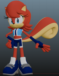 Size: 668x864 | Tagged: safe, artist:steelyproductions, sally acorn, chipmunk, hybrid, squirrel, 2026, 3d, alternate outfit, alternate universe, blender, female, hand on hip, redesign, solo, standing