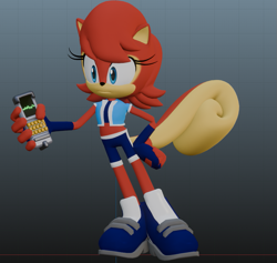 Size: 905x859 | Tagged: safe, artist:steelyproductions, sally acorn, chipmunk, hybrid, squirrel, 2026, 3d, alternate outfit, alternate universe, blender, female, hand on hip, holding something, nicole the handled, redesign, solo, standing