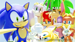 Size: 1920x1080 | Tagged: safe, artist:apoc-hedgie, artist:ghostoftime1, artist:howteyoarts, artist:jackyd, antoine d'coolette, bunnie rabbot, miles "tails" prower, rotor walrus, sally acorn, sonic the hedgehog, chipmunk, coyote, fox, hedgehog, rabbit, walrus, green hill zone, 2022, 3d, artist name, blender, cybernetic, cyborg, english text, female, freedom fighters, grin, group, group selfie, hand on hip, looking at viewer, male, manic the hedgehog, necklace, open mouth, open smile, pose, sally's ringblader outfit, selfie, smile, smiling at viewer, standing, thumbs up, v sign, wink