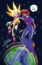 Size: 1280x1960 | Tagged: safe, artist:superguy551, sonic the hedgehog, super sonic, human, 2025, character request, crossover, duo, earth, english text, female, hand on another's neck, looking at them, male, mouth open, planet, space, star (sky), super form, thought bubble