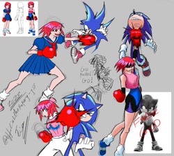 Size: 1648x1481 | Tagged: safe, artist:superguy551, amy rose, sonic the hedgehog, human, sonic the hedgehog (2020), 2025, boxing, boxing gloves, clothes, crossover, dress, english text, eyes closed, female, grey background, male, mouth open, pastel (twinbee), punching, reference inset, simple background, smile, standing, trio, twinbee