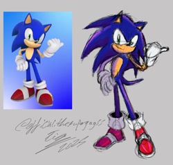 Size: 1367x1299 | Tagged: safe, artist:superguy551, sonic the hedgehog, 2025, grey background, looking at viewer, redraw, reference inset, simple background, smile, solo, standing