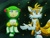 Size: 1280x960 | Tagged: safe, artist:lali-lop, cosmo the seedrian, miles "tails" prower, fox, seedrian, sonic x, 2022, bandage, chaos emerald, duo, female, firefly, holding something, looking offscreen, looking up, male, mouth open, nighttime, outdoors, redraw, signature, smile