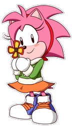 Size: 438x758 | Tagged: safe, artist:laymon, amy rose, hedgehog, sonic mania adventures, 2018, amybetes, blushing, christmas, classic amy, clothes, coat, cute, eyelashes, female, flat colors, flower, gloves, looking at viewer, mania style, outline, shoelaces, shoes, simple background, skirt, smile, smiling at viewer, solo, standing, style emulation, transparent background