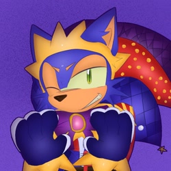 Size: 768x768 | Tagged: safe, artist:berrywings0art, sonic the hedgehog, hedgehog, 2026, bow, bowtie, clenched teeth, ear fluff, jester outfit, jester sonic, lidded eyes, looking at viewer, male, purple background, simple background, smile, smiling at viewer, solo, wink, winking at viewer