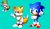 Size: 10200x6000 | Tagged: safe, artist:gamingbro523, miles "tails" prower, sonic the hedgehog, fox, hedgehog, 2026, blue background, classic sonic, classic sonic (universe), classic tails, clenched fist, duo, male, pixel art, redraw, reference inset, simple background, smile, sonic the hedgehog 3, sprite, standing, waving