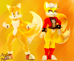Size: 1280x1049 | Tagged: safe, artist:ardathefox, artist:lewdgilbertsfm, miles "tails" prower, miles (anti-mobius), fox, 2026, 3d, belly button, boots, bottomless, clenched teeth, clothes, duo, ear piercing, earring, eyelashes, female, frown, gender swap, gloves, looking at each other, male, piercing, self paradox, sfm, shoes, signature, socks, spiked bracelet, standing, sweater