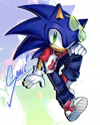 Size: 1634x2047 | Tagged: safe, artist:haako_060, sonic the hedgehog, hedgehog, 2026, alternate outfit, character name, clenched teeth, clothes, echo background, english text, eyewear on head, fully clothed, glasses, gloves, hand on knee, jeans, looking at viewer, male, necklace, pants, pose, shirt, shoelaces, shoes, signature, smile, smiling at viewer, solo, treads