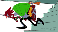 Size: 3800x2100 | Tagged: safe, artist:superguy551, knuckles the echidna, robotnik, human, 2024, duo, holding something, looking at them, male, master emerald, mouth open, sharp teeth, signature, simple background, stairs, stealing, white background